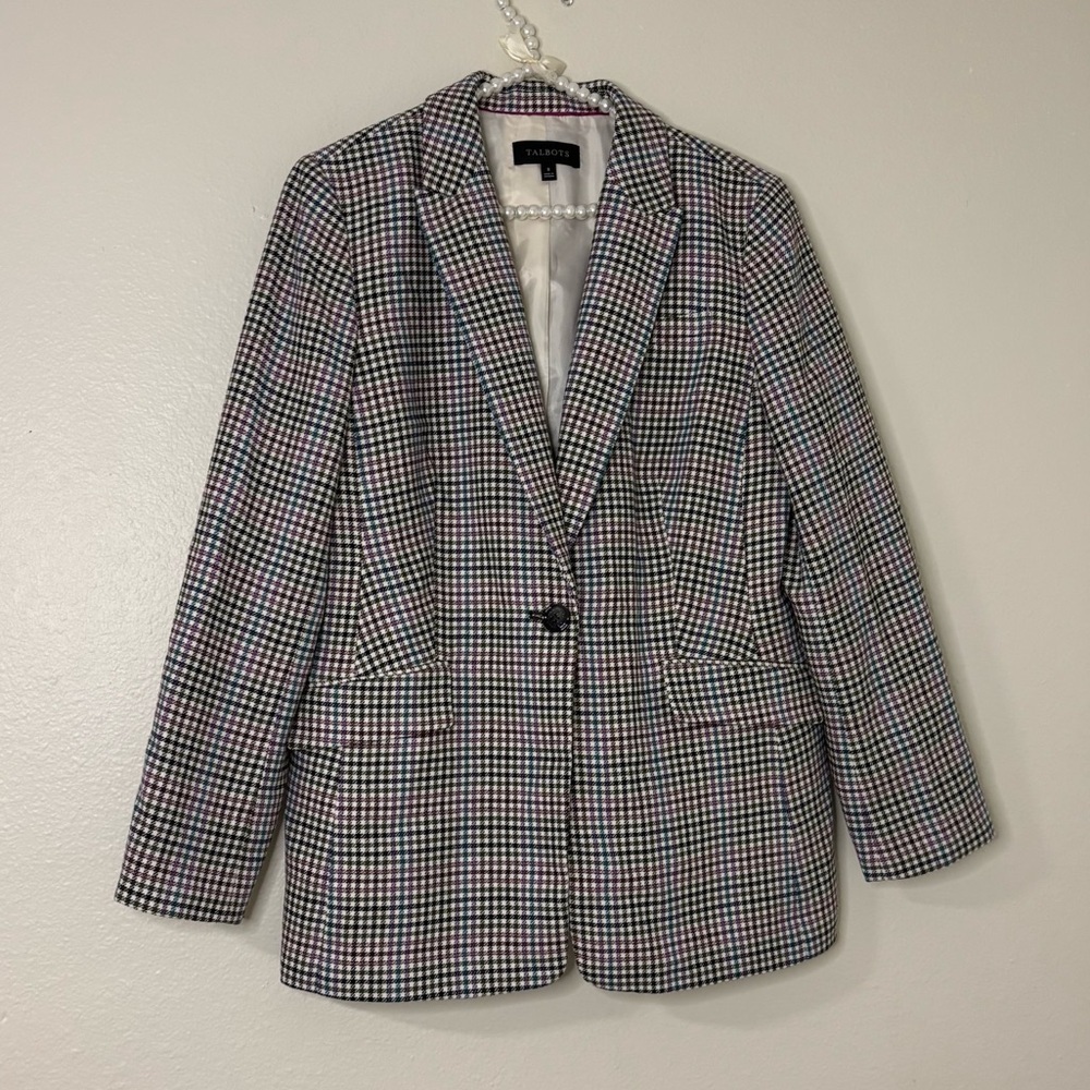 Talbots Women Multicolor Houndstooth Wool Blend Single Button Blazer - Picture 10 of 12